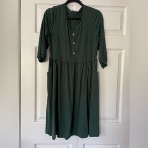 Yathon 3/4 Sleeve V Neck Button Down A Line Dress with Pockets